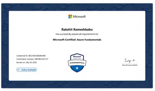 Scan of the "Microsoft Certified: Azure Fundamentals" certificate, awarded to Rakshit Rameshbabu for completing "Azure Fundamentals", issued by Microsoft