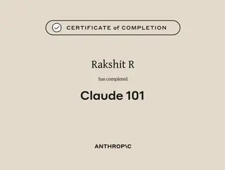 Scan of the "Certificate of Completion" certificate, awarded to Rakshit R for completing "Claude 101", issued by Anthropic
